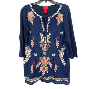 V Cristina Embroidered Tie Neck Tunic Top Blouse Mixed Media Navy Womens Size S
